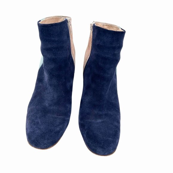 PAOLA FERRI BLUE BEIGE COLORBLOCK SUEDE ANKLE BOOTS W/ SIDE ZIPPER SZ 39 (8.5) - Picture 5 of 12